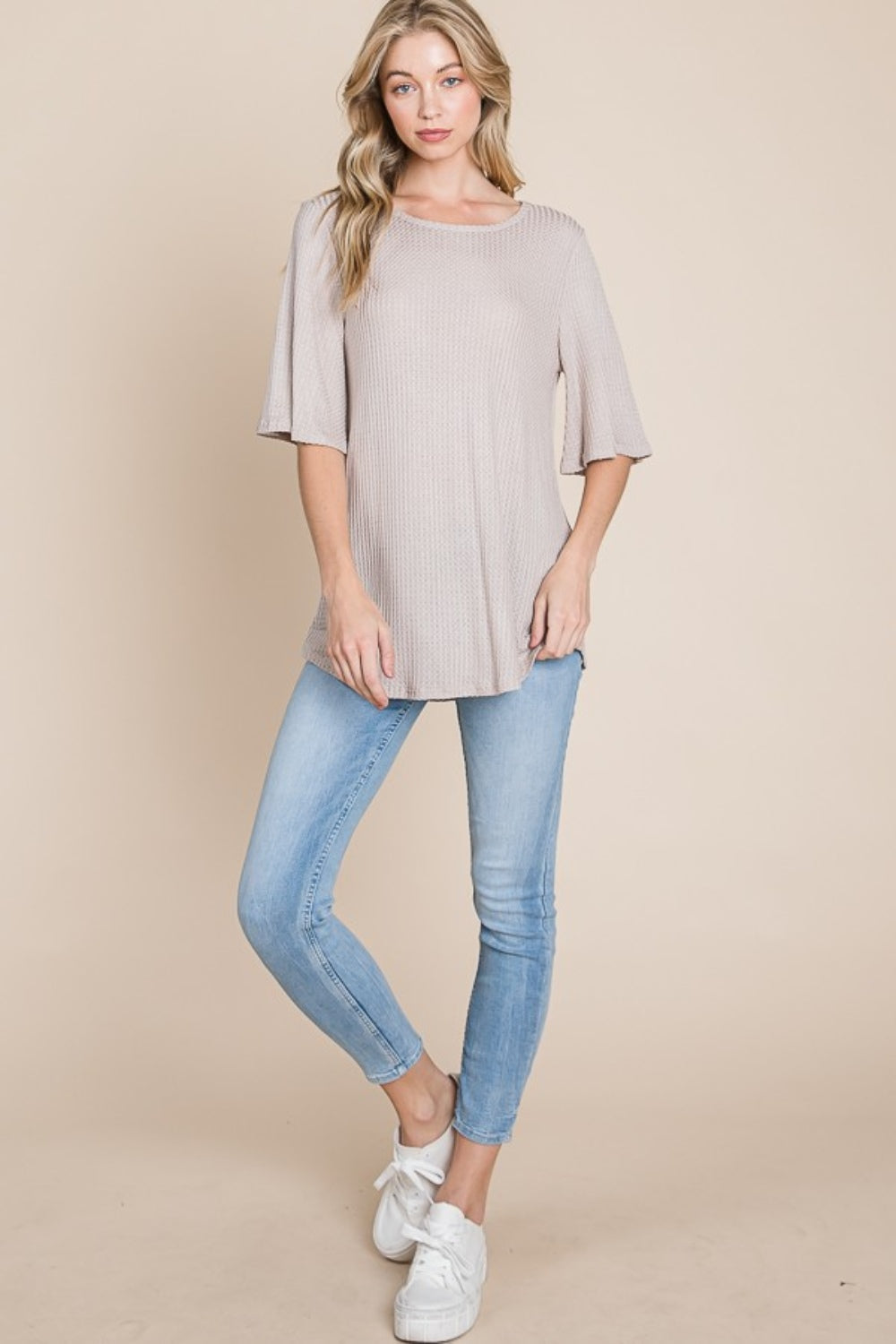 Soft Waffle Knit Crew Neck Top