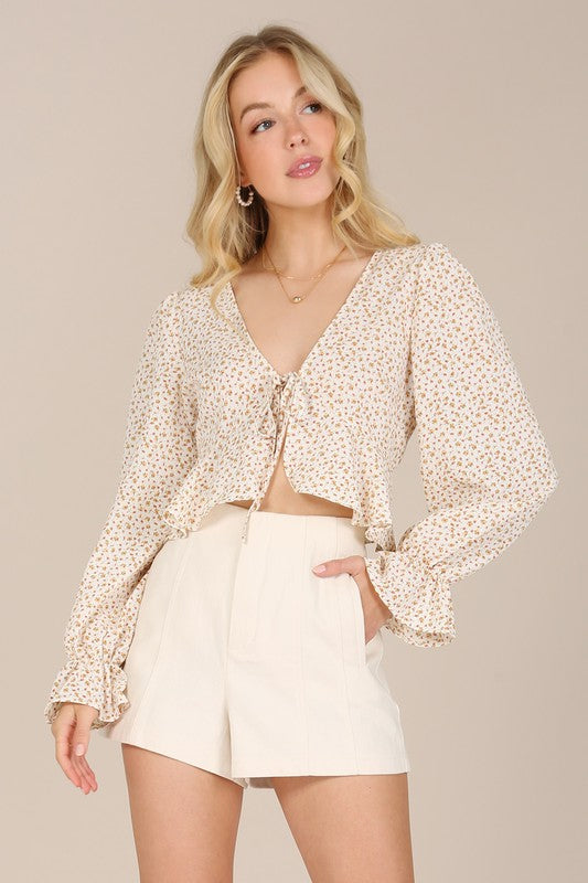 V-Neck Floral Puff Sleeve Blouse