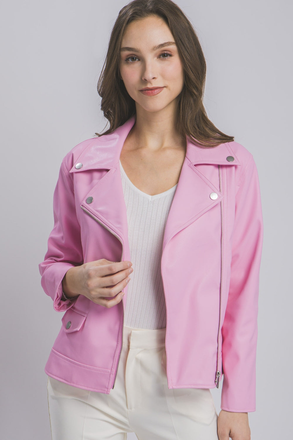 Hot Pink Faux Leather Zip-Up Jacket