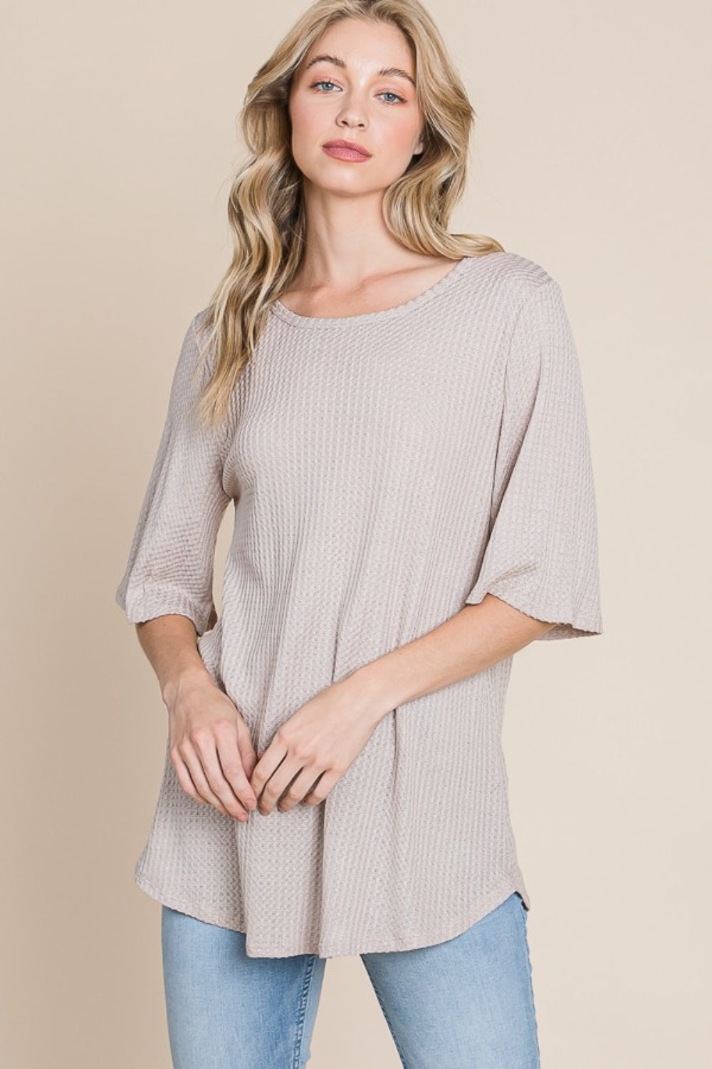 Soft Waffle Knit Crew Neck Top