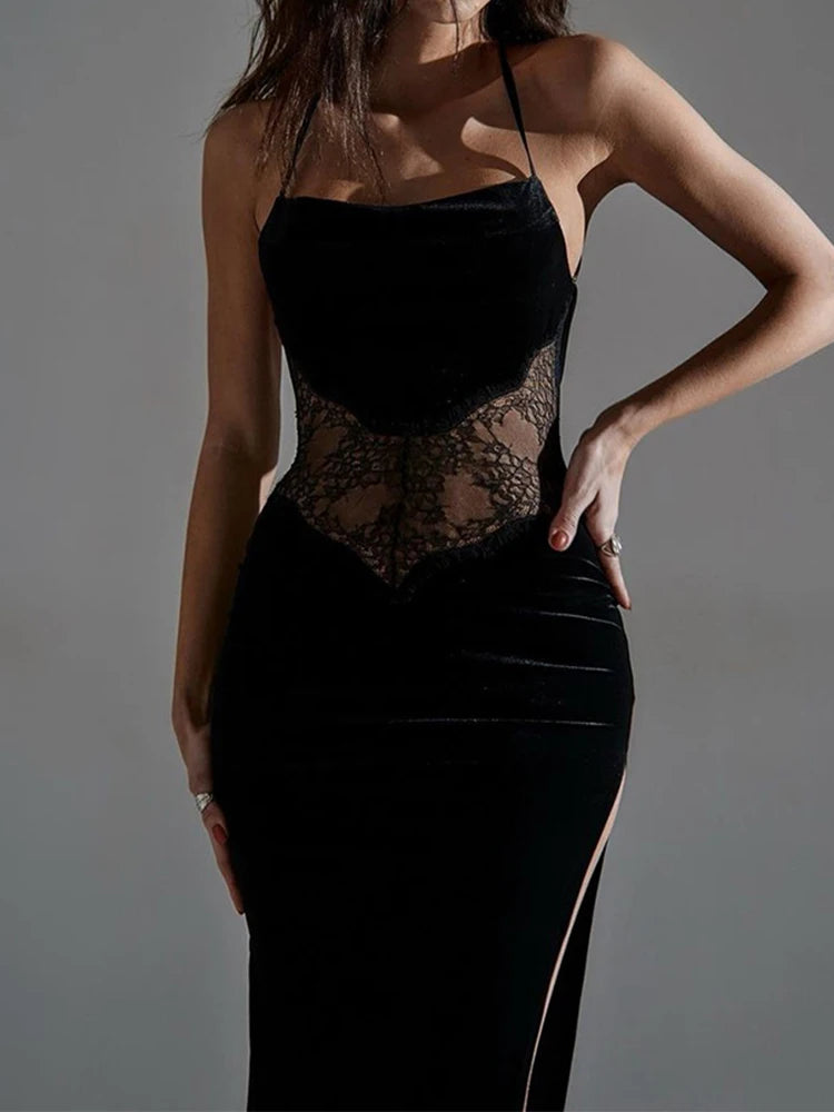 Elegant Black Lace-Detail Slip Dress