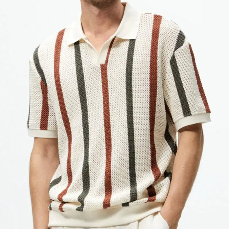 Comfort Fit Retro Striped Knit V-Neck Polo Shirt