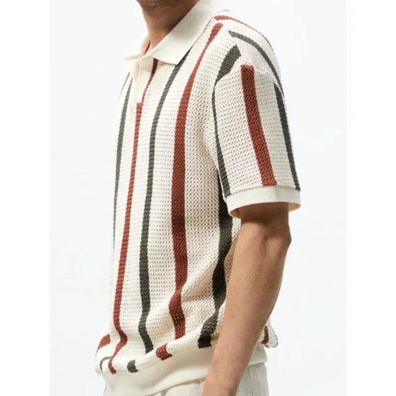 Comfort Fit Retro Striped Knit V-Neck Polo Shirt